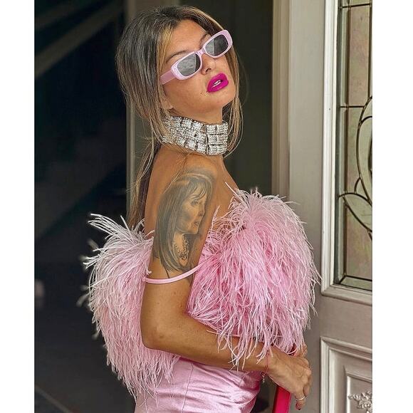 SGinstar Pink Ostrich Feather Fuzzy Sleeveless Cami Camisole Crop Tank Top Sz S - Picture 6 of 12